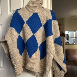 babaà Argyle Wool Turtleneck Sweater – Blue & Natural (Size Large) no17